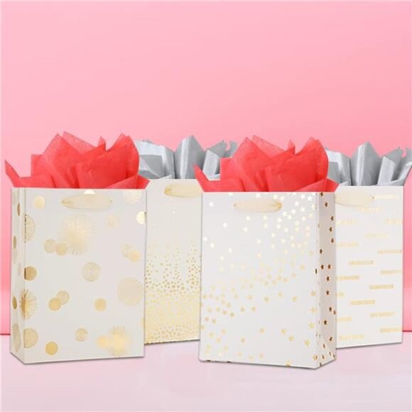 12PCS Cute Metallic Foil Gold Gift Bags Bulk with Handles, Medium 9 Inch Durable - Picture 3 of 7